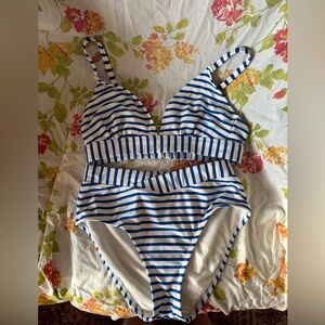 Kona Sol Blue and White Striped Bikini Set